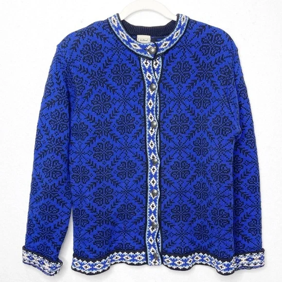 L.L. Bean 100% Cotton Button Front Women’s Knit Cardigan Sweater Nordic Print - Picture 1 of 6